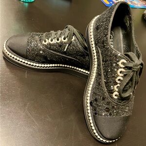 Authentic Chanel 17P 2017 Spring Black Sequined Lace Up Sneakers.  Size 37